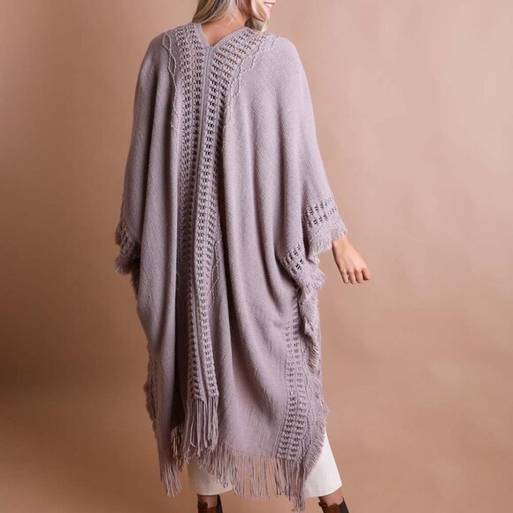 Frayed Border Bohemian Ruana Kimono Gray - Picture 2 of 2